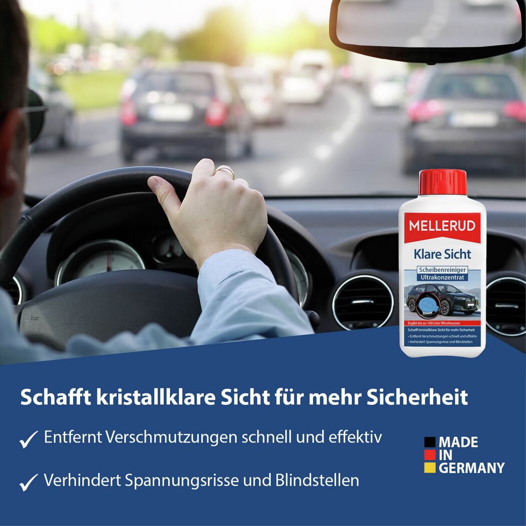 Mellerud Scheibenreiniger 'Klare Sicht' im Auto, klare Sicht beim Fahren.