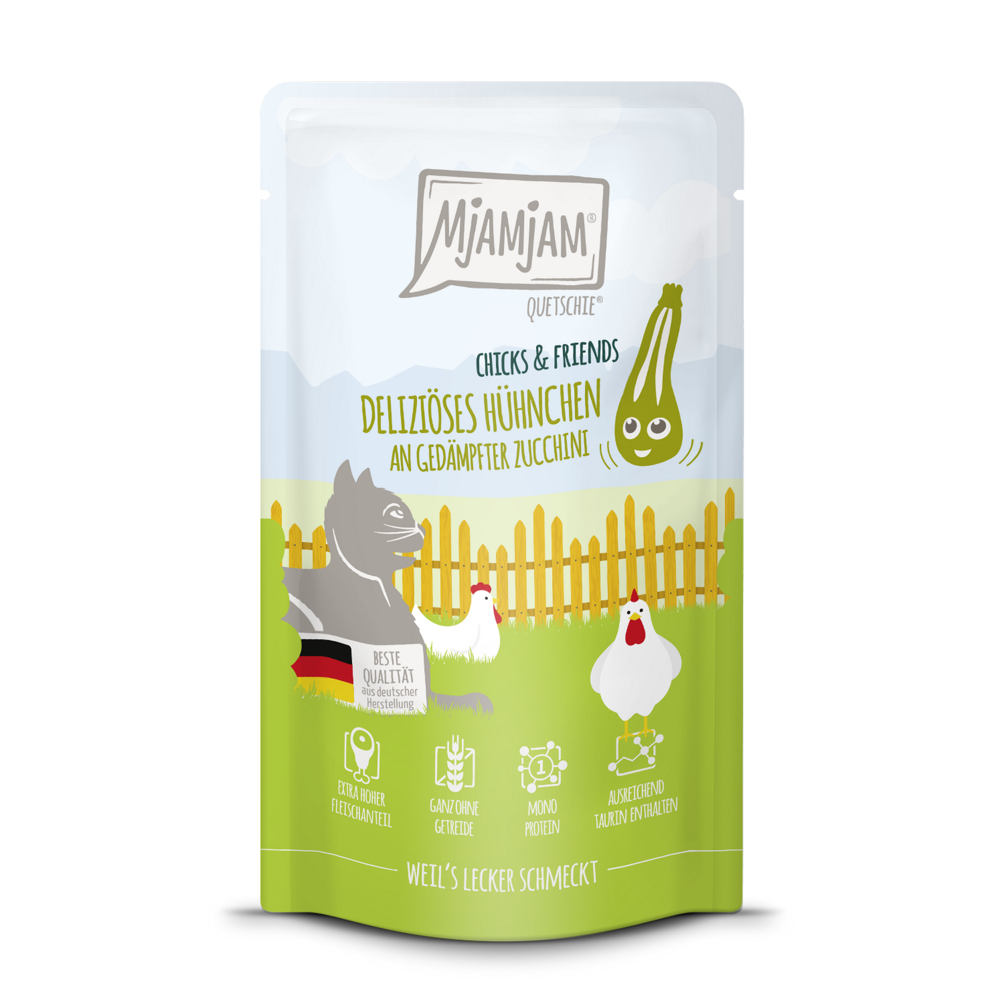 Katzenfutter 'Chicks & Friends Quetschie' Hühnchen an gedämpfter Zucchini 125 g