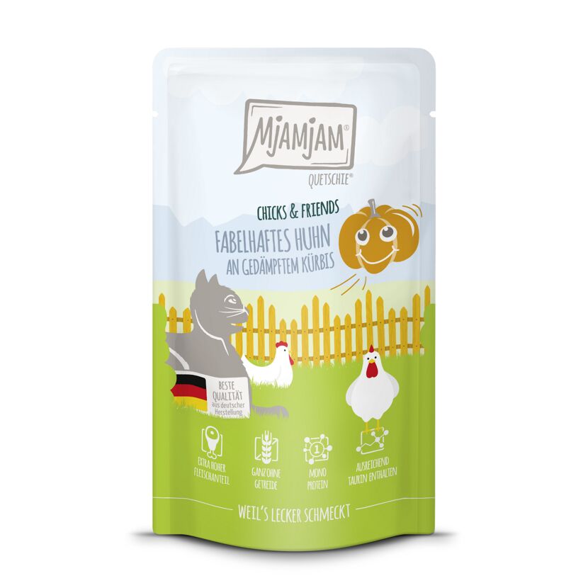 Katzenfutter 'Chicks & Friends Quetschie' Huhn an gedämpftem Kürbis 125 g