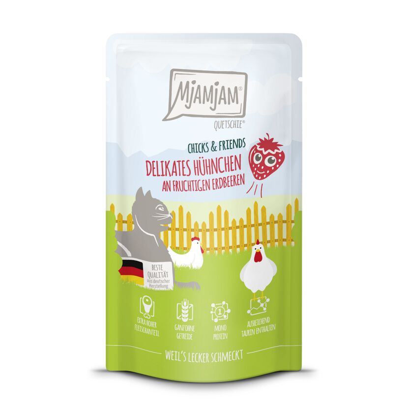 Katzenfutter 'Chicks & Friends Quetschie' Hühnchen und Erdbeeren 125 g