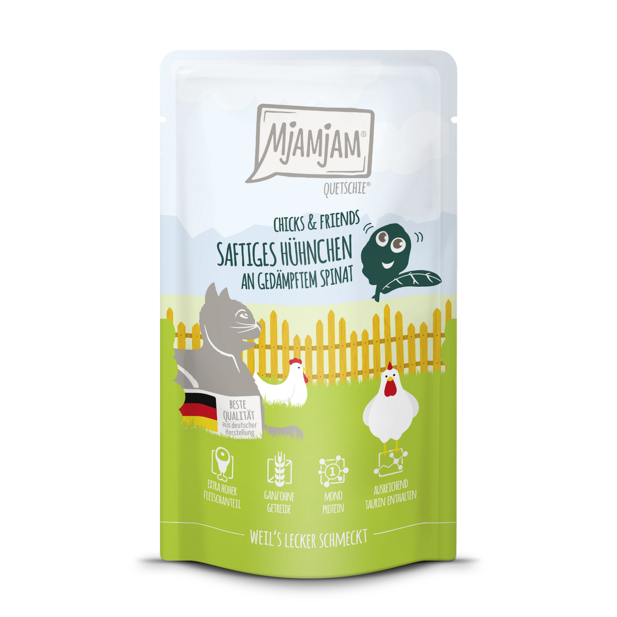 Katzenfutter 'Chicks & Friends Quetschie' Hühnchen an gedämpftem Spinat 125 g
