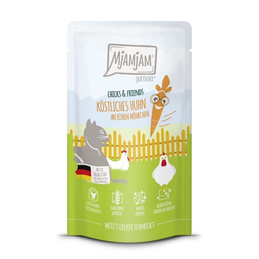 Katzenfutter 'Chicks & Friends Quetschie' Huhn an feinen Möhrchen 125 g