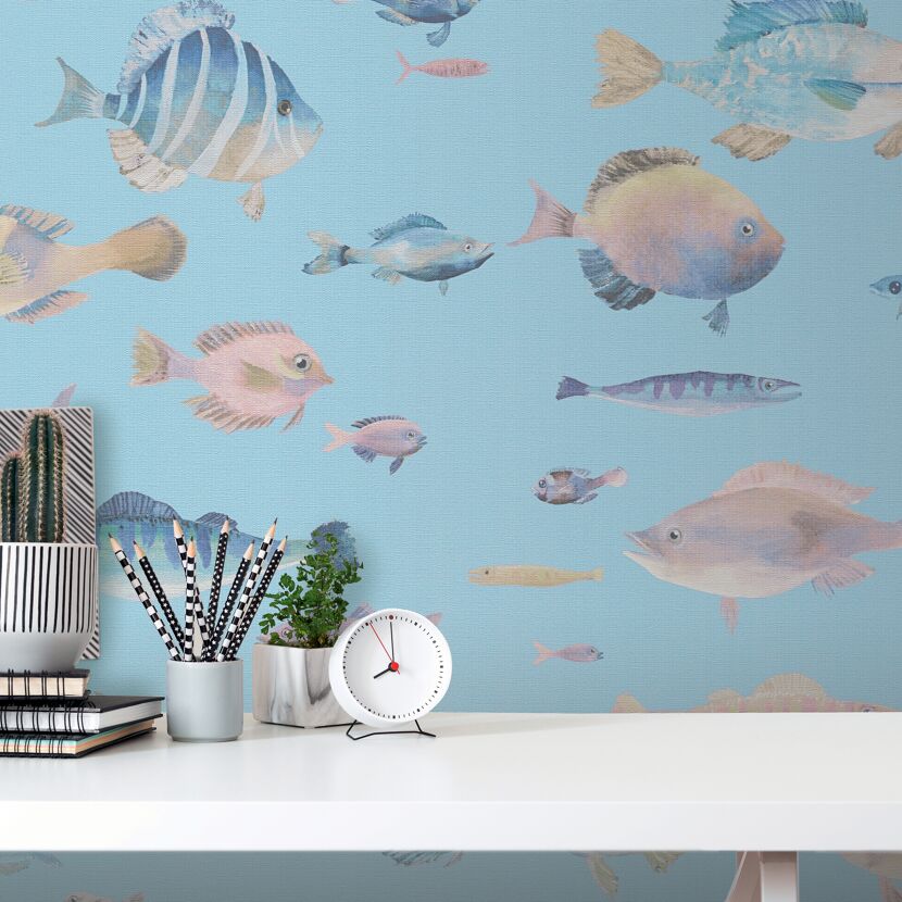 Vliestapete 'Pint Walls II' Fische blau 10,05 x 0,53 m