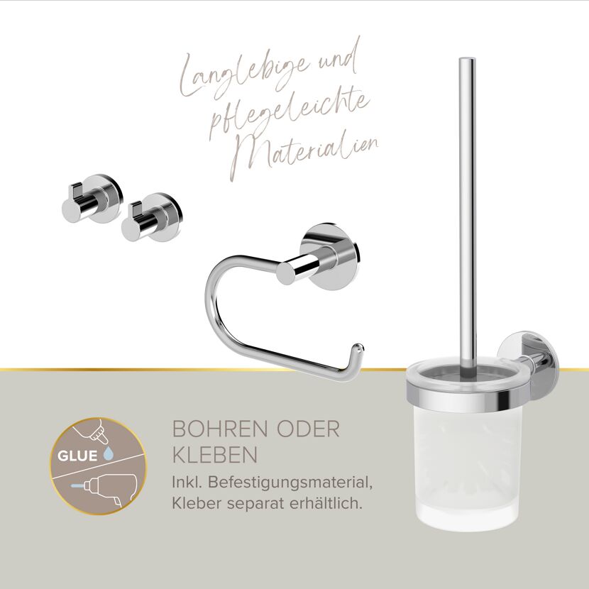 Toilettenpapierhalter, Handtuchhaken und Toilettenbürste