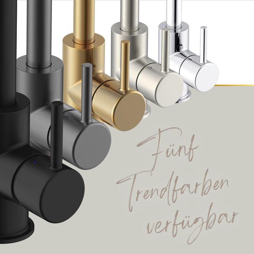 Fünf Wasserhähne in verschiedenen Farben