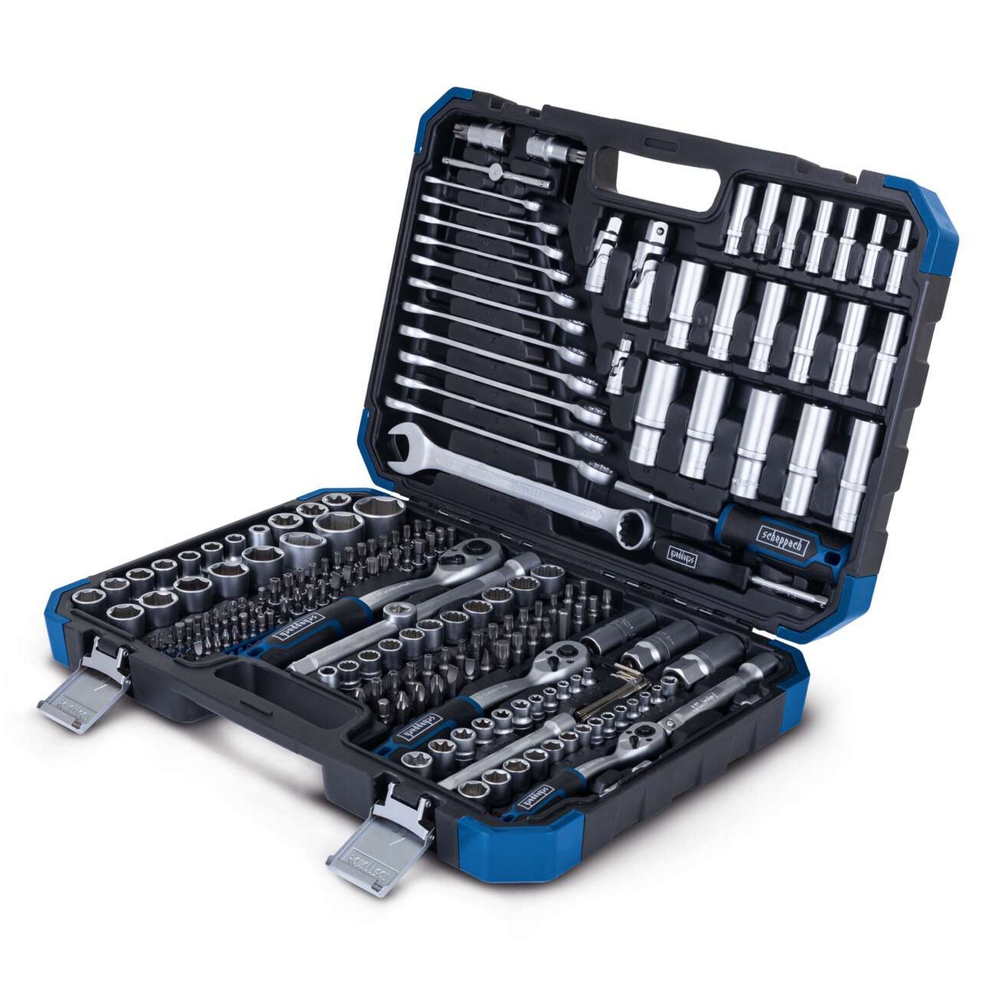 Gefüllter Werkzeugkoffer mit Ratsche und Schraubendreher