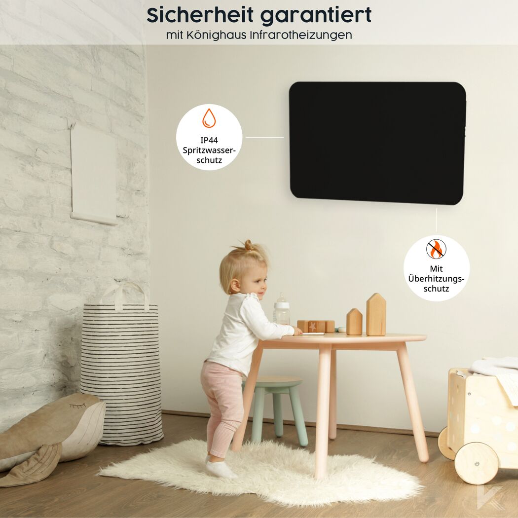 Kleinkind in einem Zimmer mit einer Infrarot-Heizung.