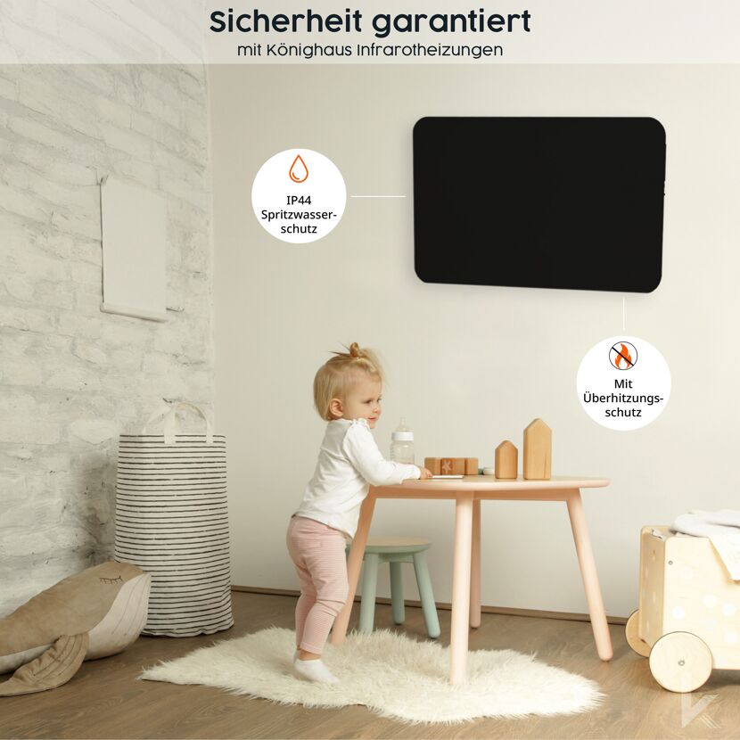 Kleinkind in einem Zimmer mit einer Infrarot-Heizung.