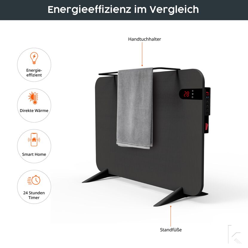 Schwarzer Elektroheizkörper mit Handtuchhalter