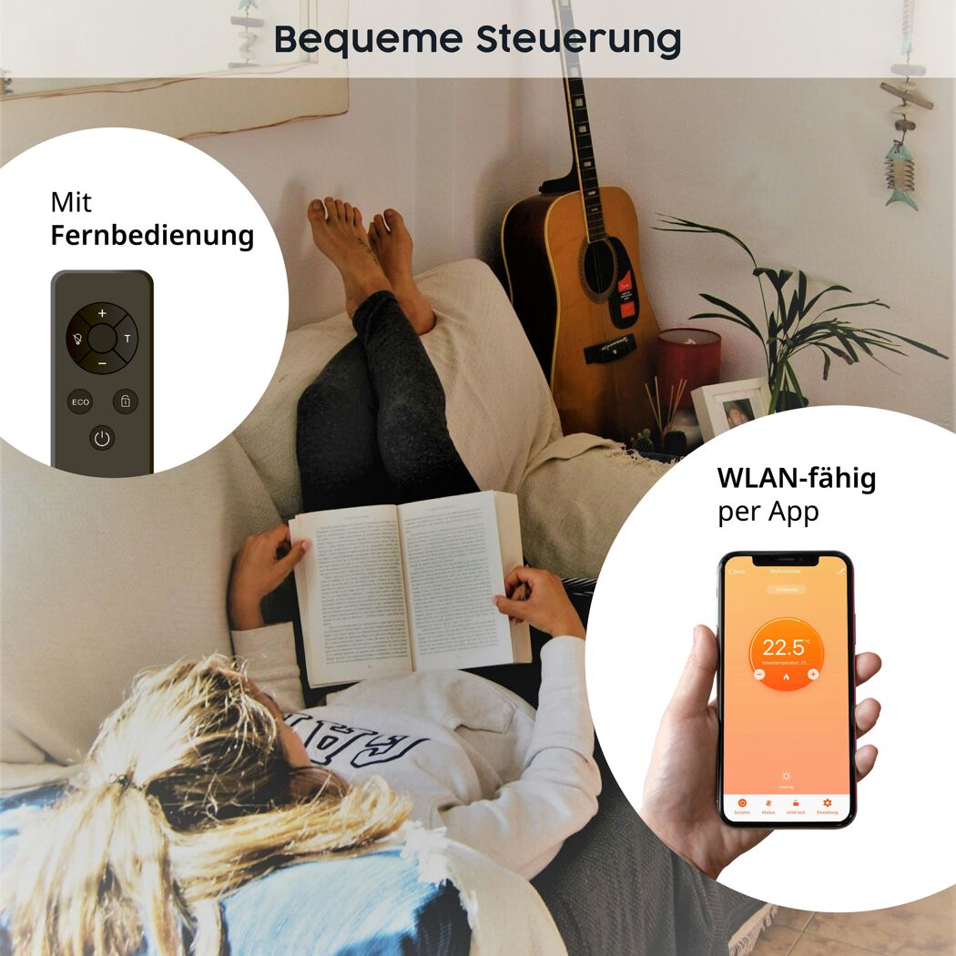 Person auf Sofa steuert Heizung per App