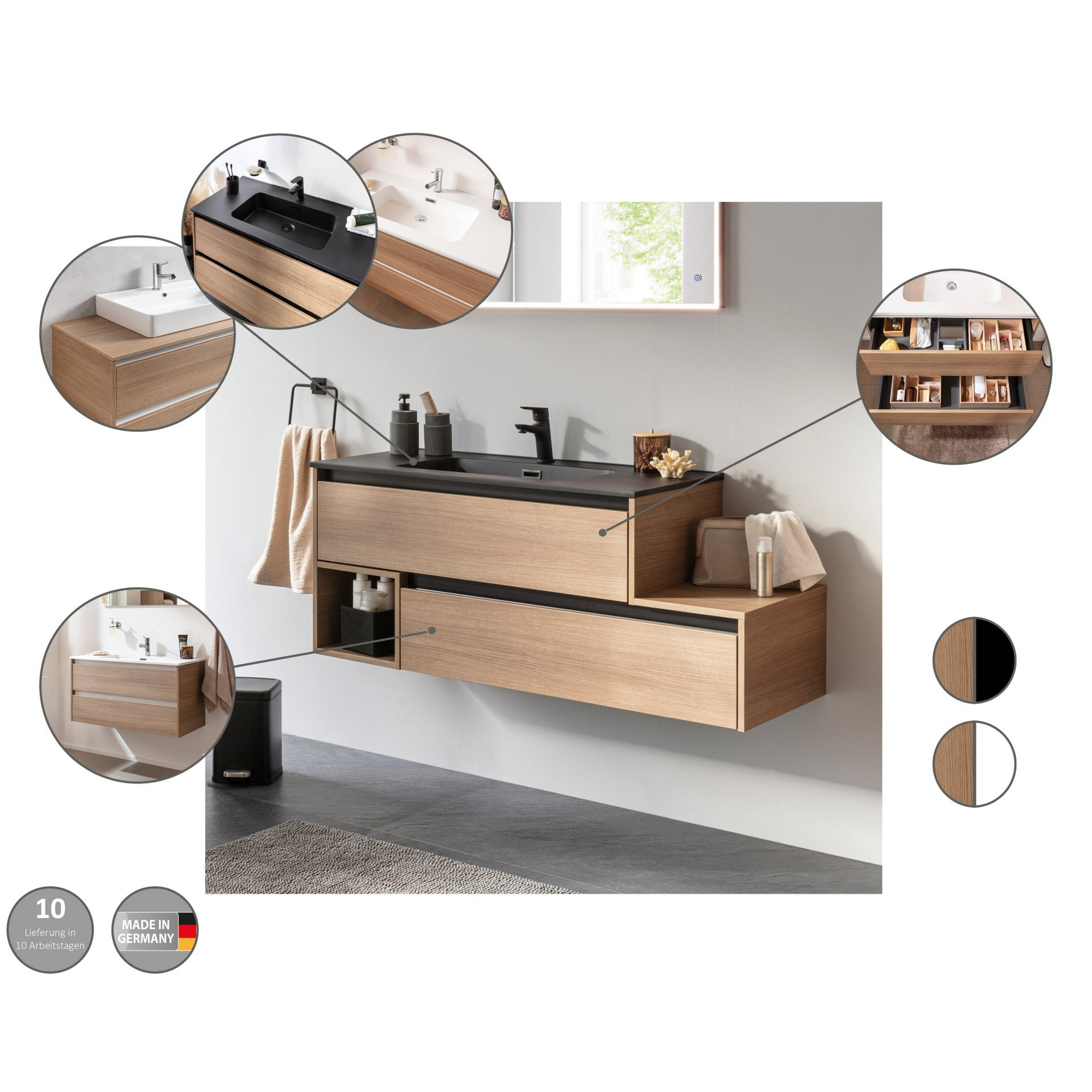 Waschtischunterschrank 'Vita' Eichefarben Braun/weiß rechts 128,7 x 51,6 x 46,5 cm