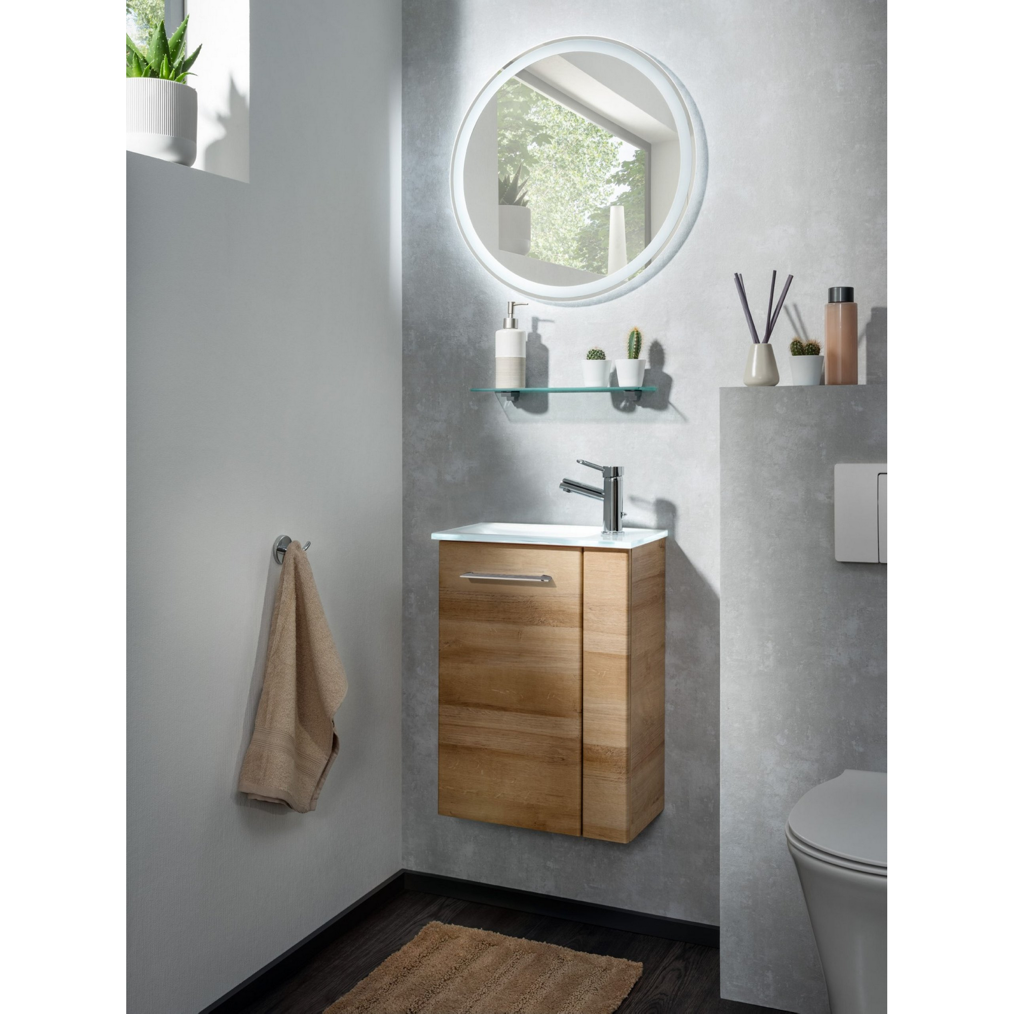 Glaswaschbecken mit Unterschrank 'SBC' Hahnloch rechts weiß/Eichefarben 45 x 61,5 x 25 cm
