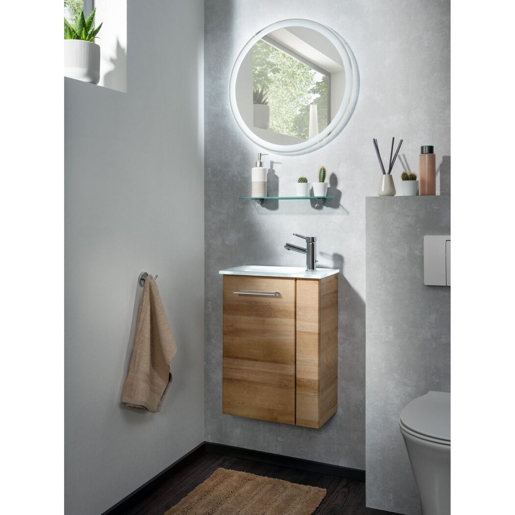 Glaswaschbecken mit Unterschrank 'SBC' Hahnloch rechts weiß/Eichefarben 45 x 61,5 x 25 cm