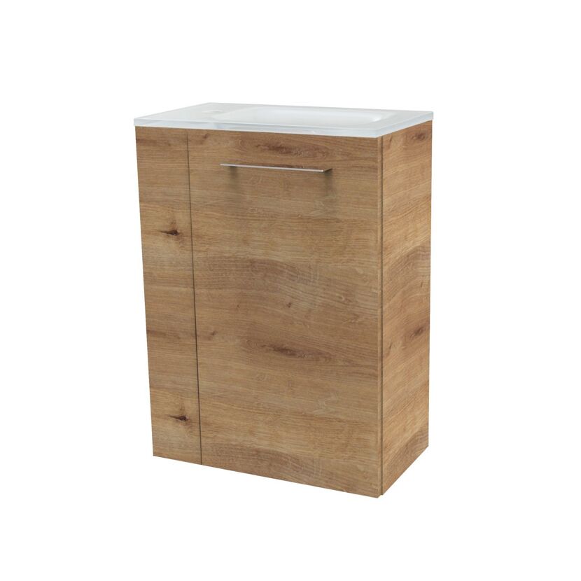 Glaswaschbecken mit Unterschrank 'SBC' Hahnloch links weiß/Eichefarben 45 x 61,5 x 25 cm