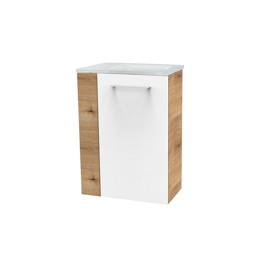 Glasbecken mit Unterschrank 'SBC' Hahnloch links weiß/Eichefarben 45 x 61,5 x 32 cm