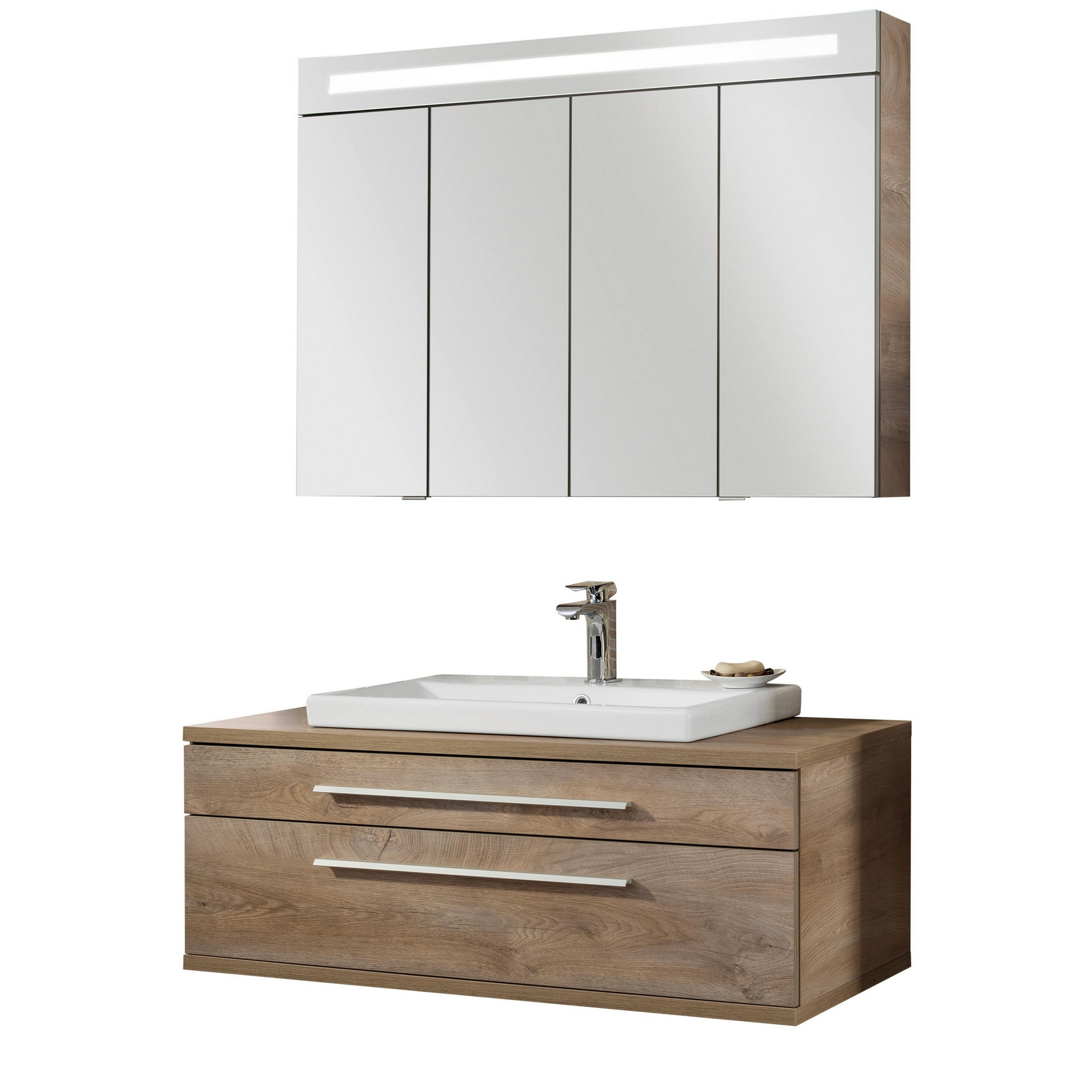 Badmöbelset 'STANFORD' Spiegelschrank und Waschbecken mit Unterschrank weiß/nature oak