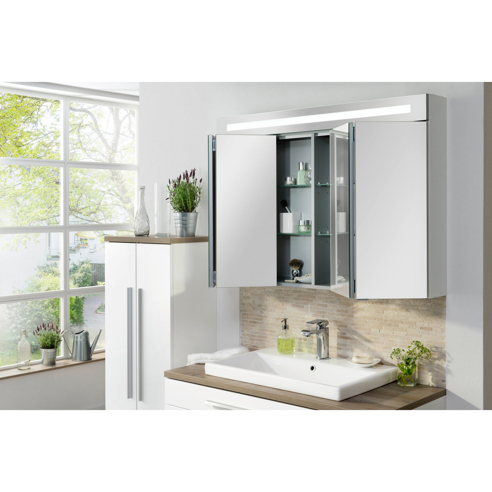 Badmöbelset 'STANFORD' Spiegelschrank und Waschbecken mit Unterschrank weiß/nature oak