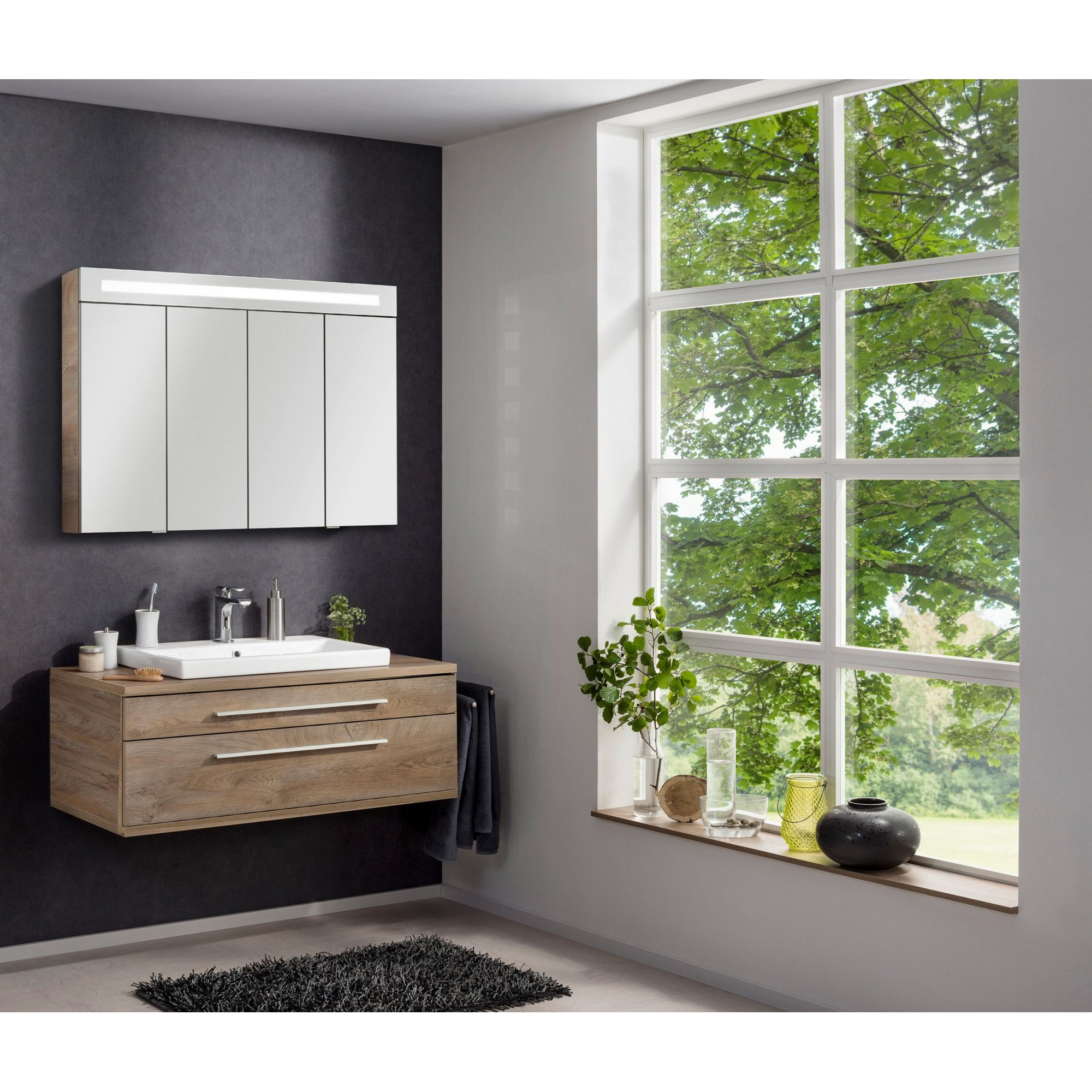 Badmöbelset 'STANFORD' Spiegelschrank und Waschbecken mit Unterschrank weiß/nature oak