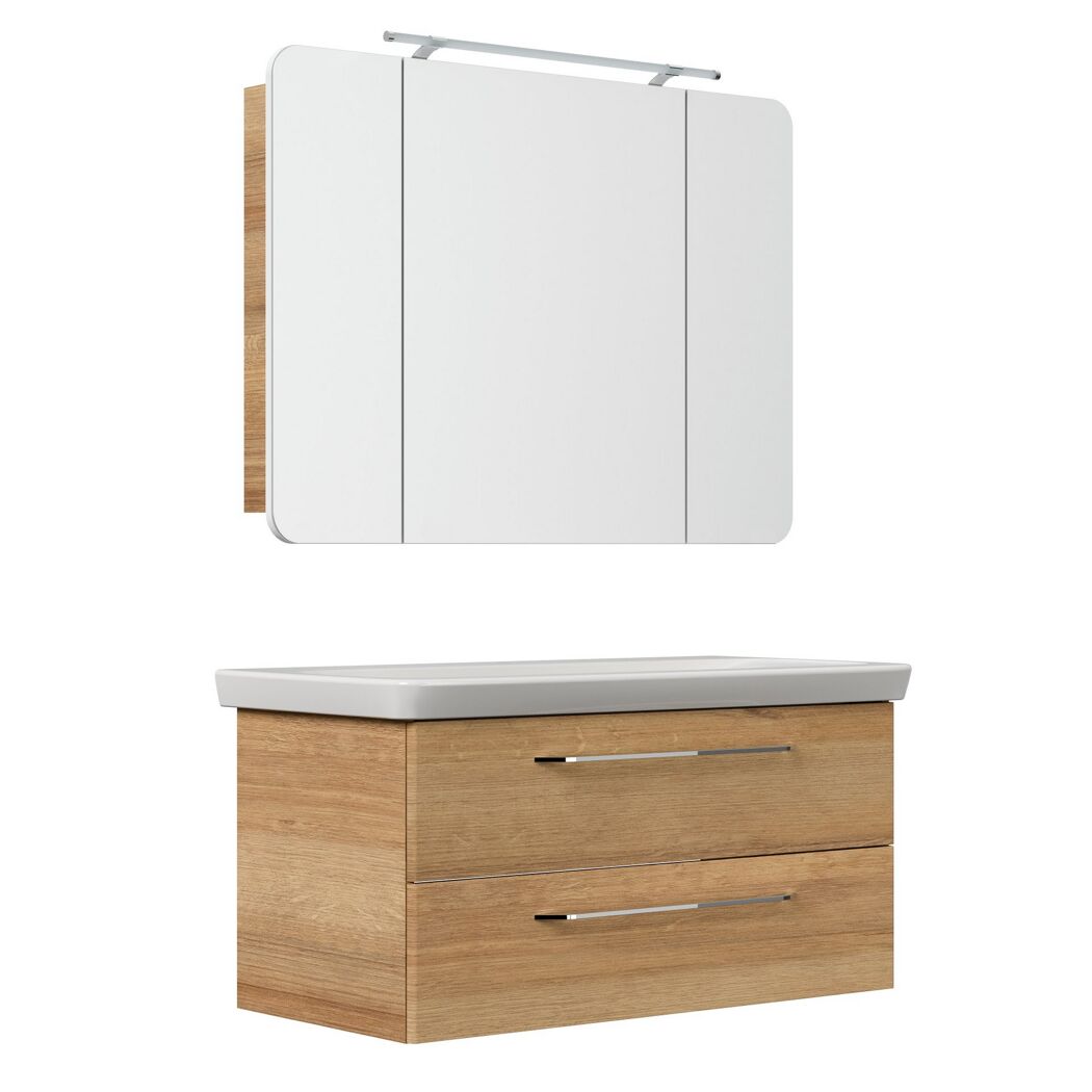 Badmöbelset 'MILANO' Spiegelschrank und Waschbecken mit Unterschrank weiß/eiche