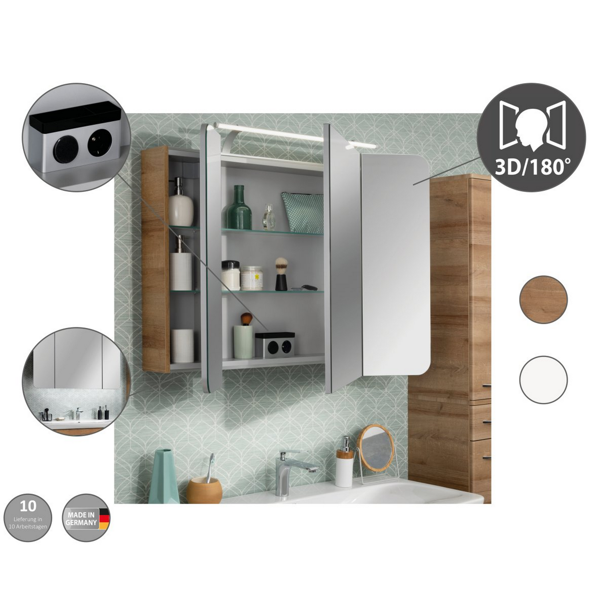 Badmöbelset 'MILANO' Spiegelschrank und Waschbecken mit Unterschrank weiß/eiche