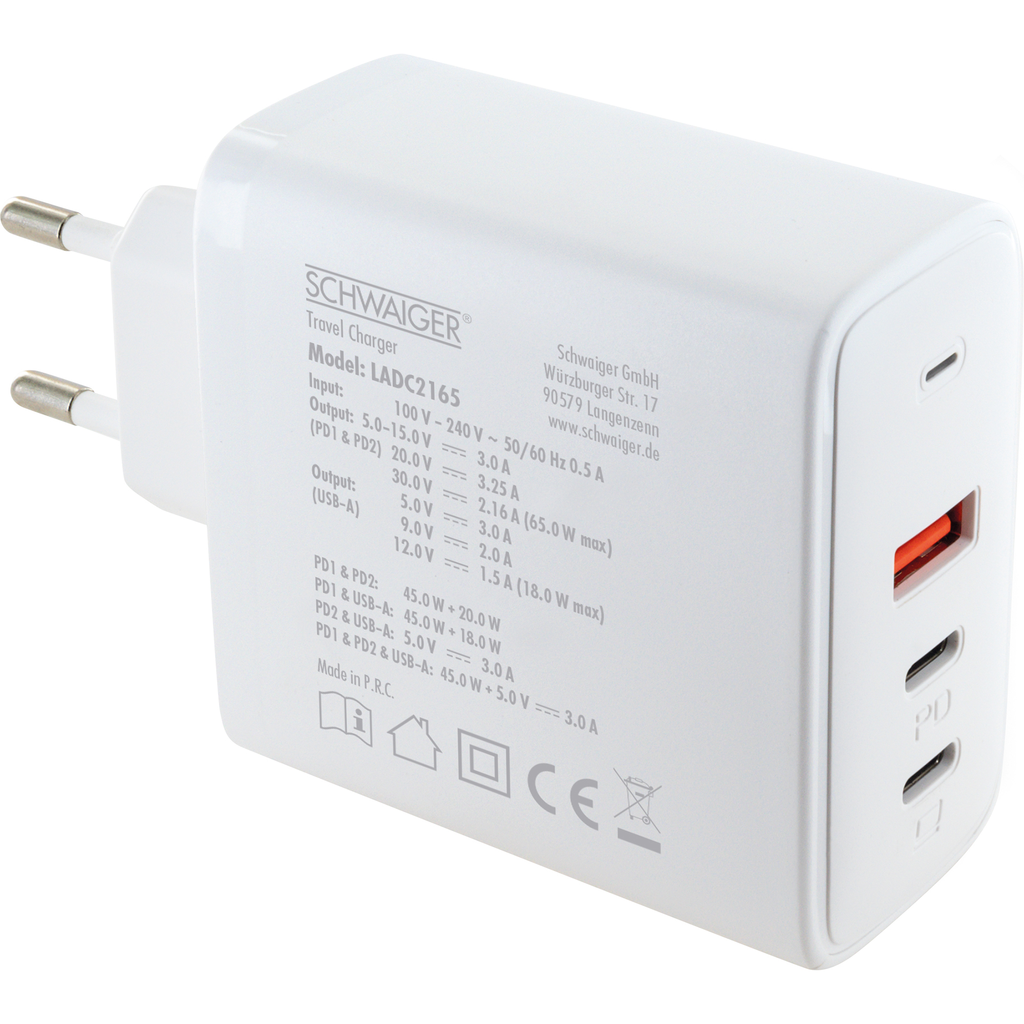 Ladeadapter weiß 65 W 1 x USB-A/2 x USB-C