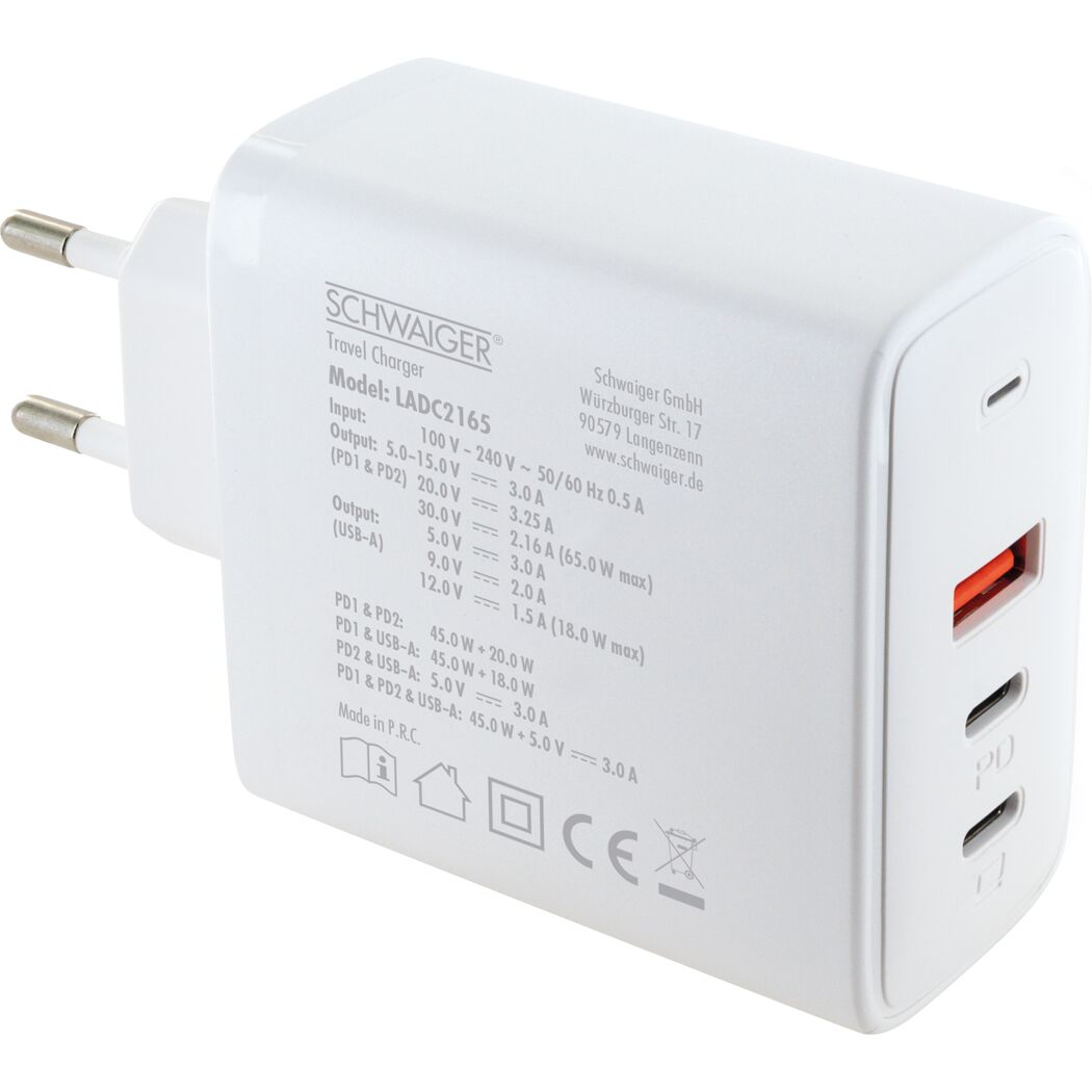 Ladeadapter weiß 65 W 1 x USB-A/2 x USB-C