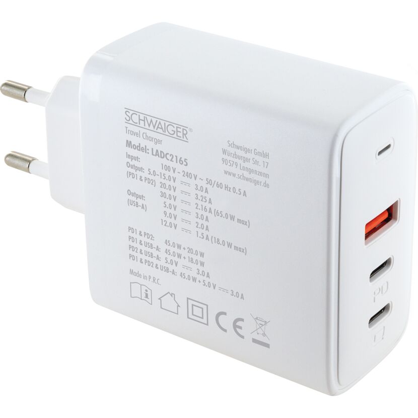 Ladeadapter weiß 65 W 1 x USB-A/2 x USB-C