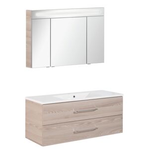 Badmöbelset 'b.clever' Spiegelschrank und Waschbecken mit Unterschrank weiß/Alaska Esche