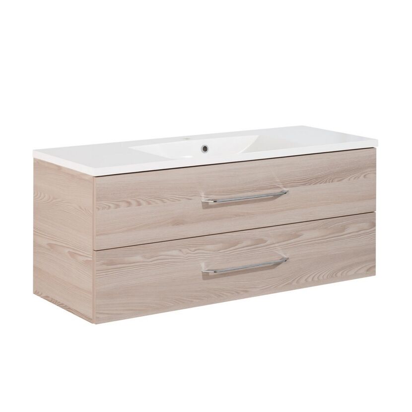 Badmöbelset 'b.clever' Spiegelschrank und Waschbecken mit Unterschrank weiß/Alaska Esche