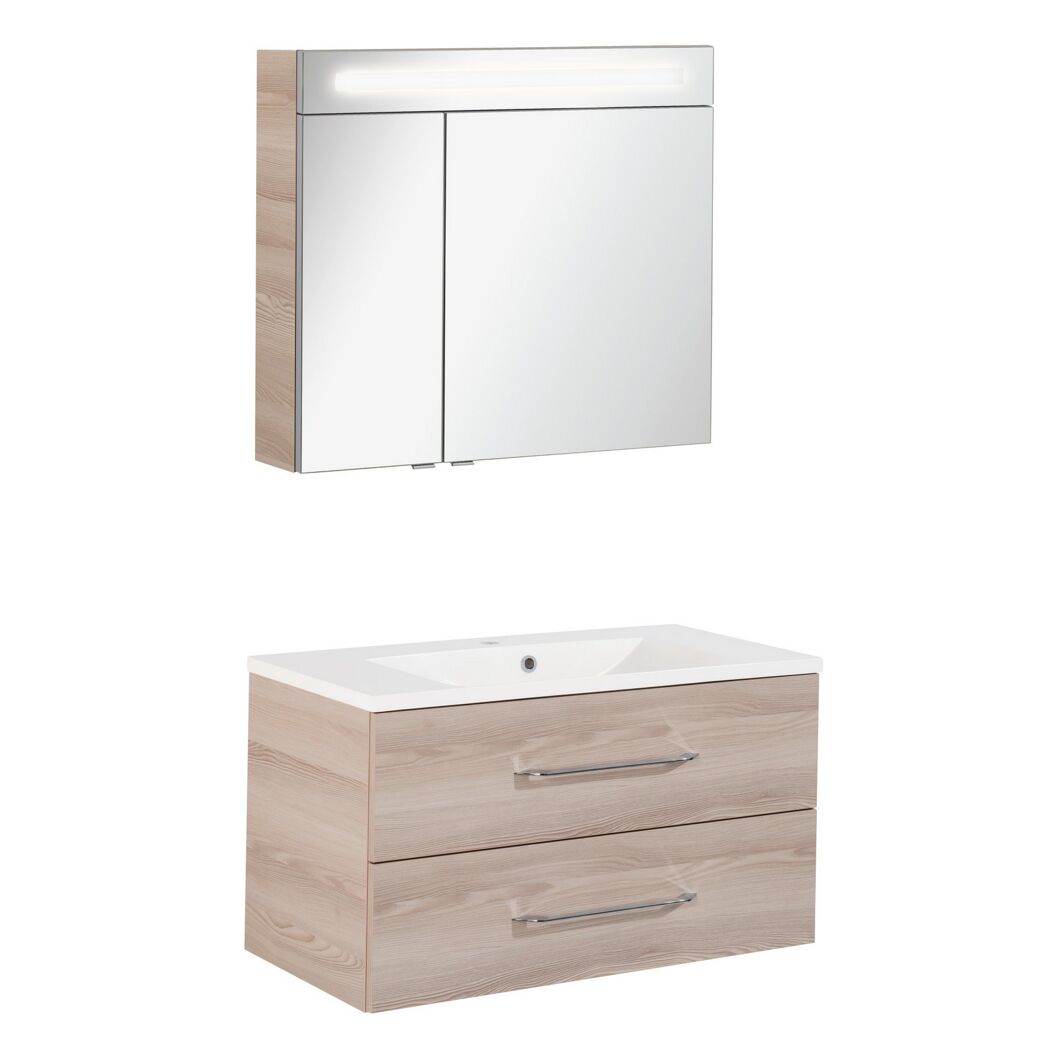 Badmöbelset 'b.clever' Spiegelschrank und Waschbecken mit Unterschrank weiß/Alaska Esche