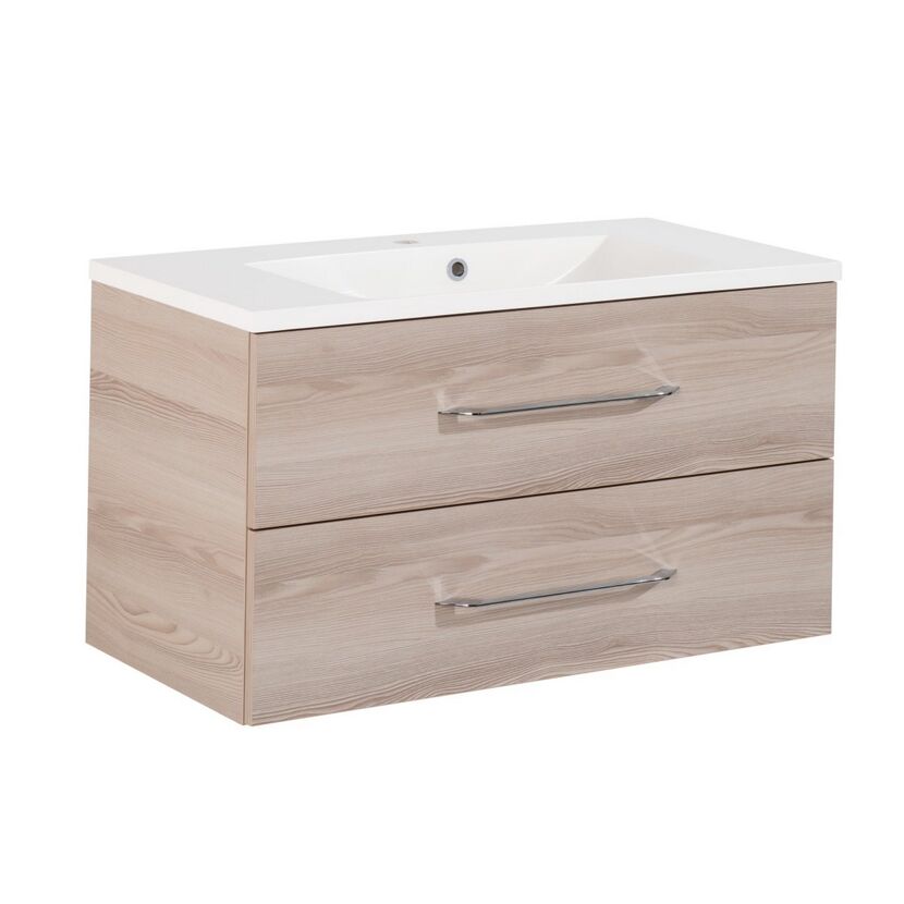 Badmöbelset 'b.clever' Spiegelschrank und Waschbecken mit Unterschrank weiß/Alaska Esche