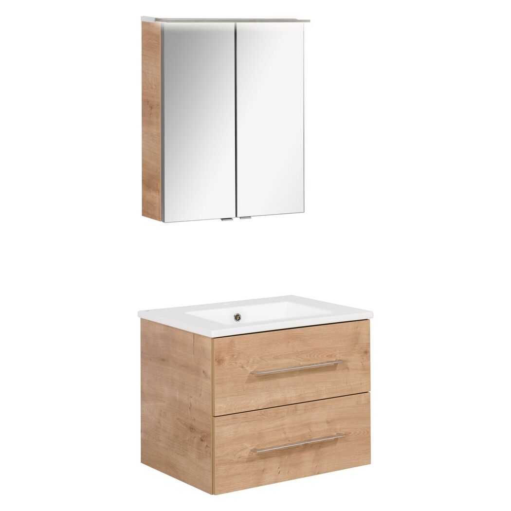 Badmöbelset 'b.perfekt' Spiegelschrank und Waschbecken mit Unterschrank weiß/Ast Eiche