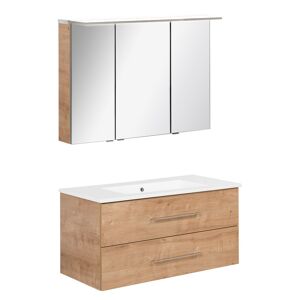 Badmöbelset 'b.perfekt' Spiegelschrank und Waschbecken mit Unterschrank weiß/Ast Eiche
