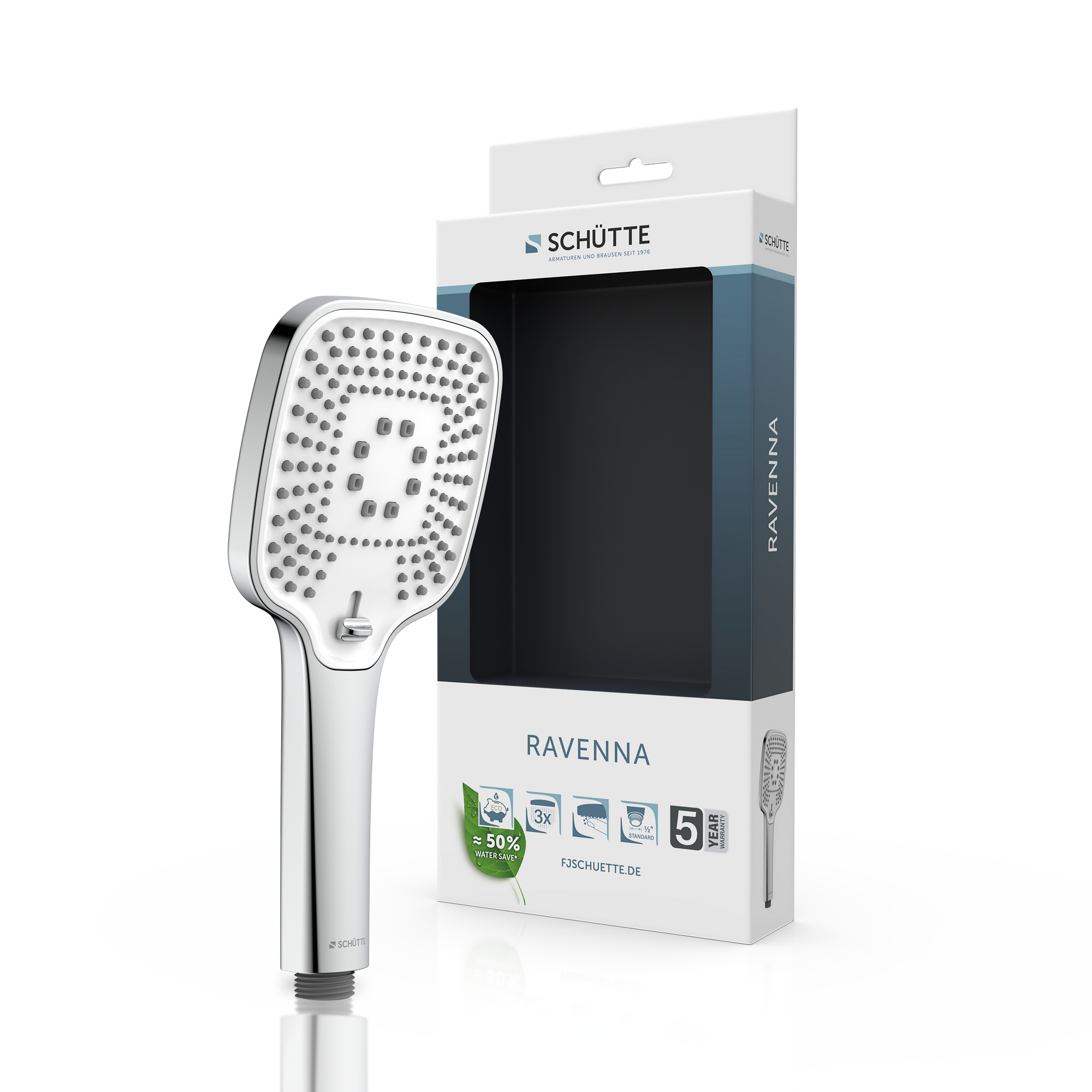 Handbrause 'Ravenna' chrome/weiß Eckig 10 cm, 3 Strahlarten