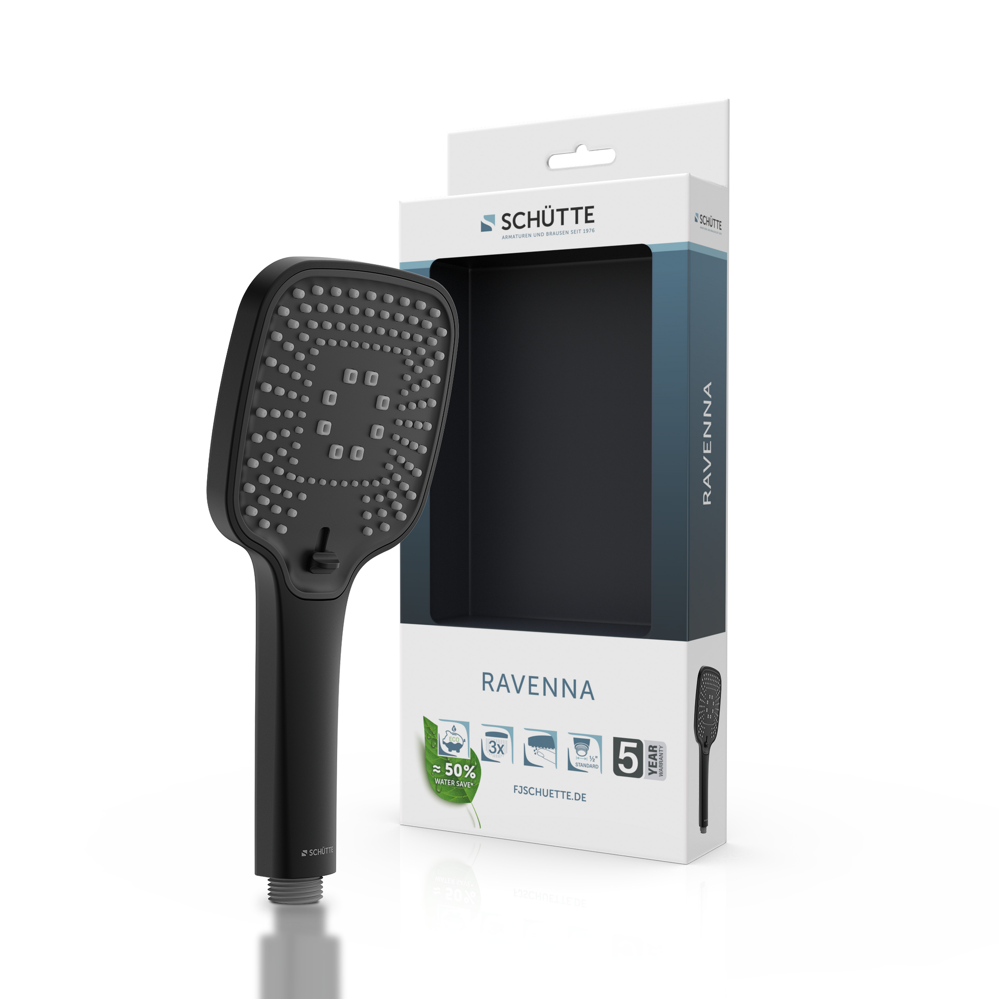 Handbrause 'Ravenna' schwarz matt Eckig 10 cm, 3 Strahlarten