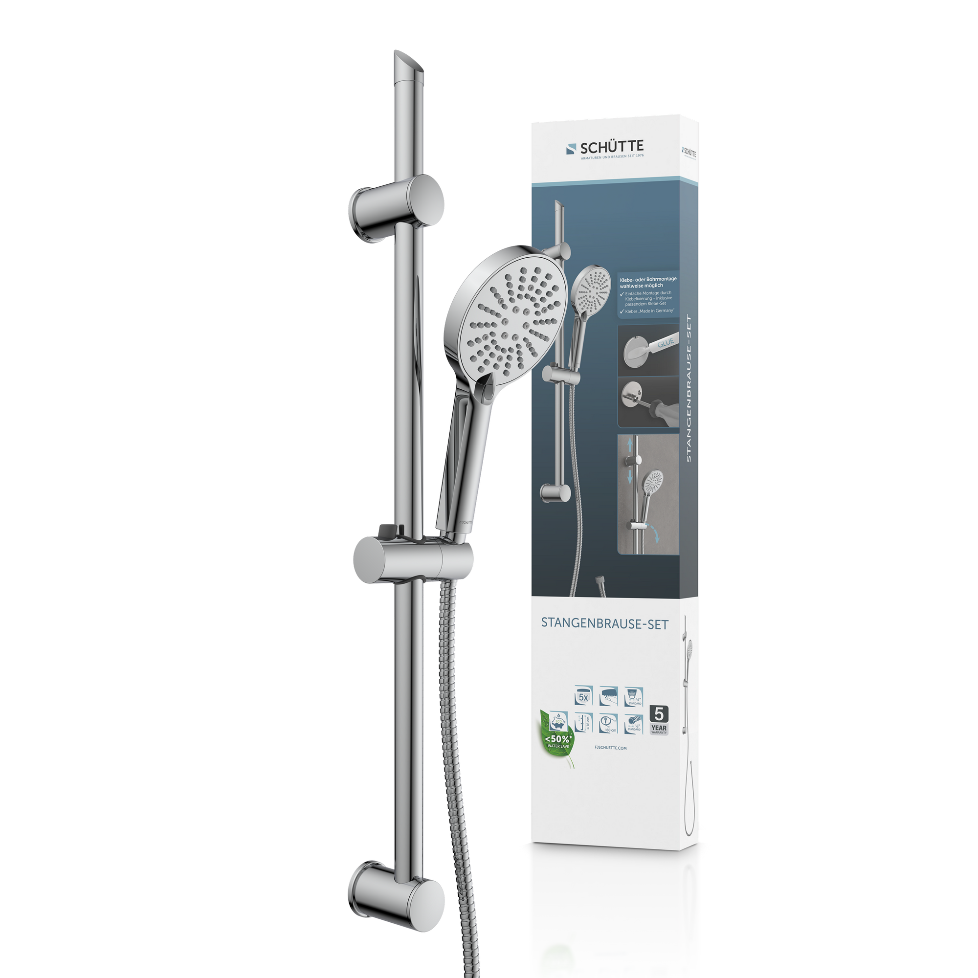 Brausestangenset zum Kleben, verchromt, 3 Strahlarten