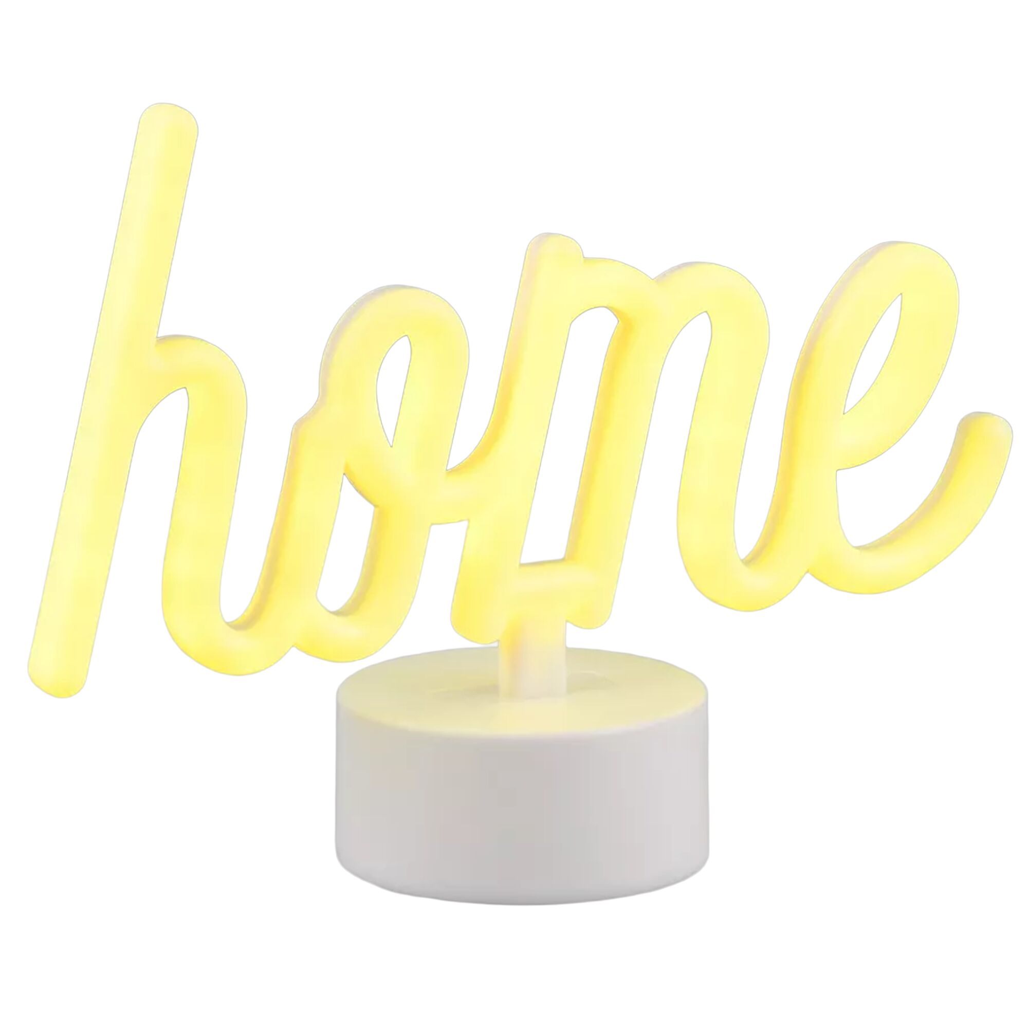 Leuchtende LED-Tischleuchte 'home' in Gelb auf weißem Sockel.