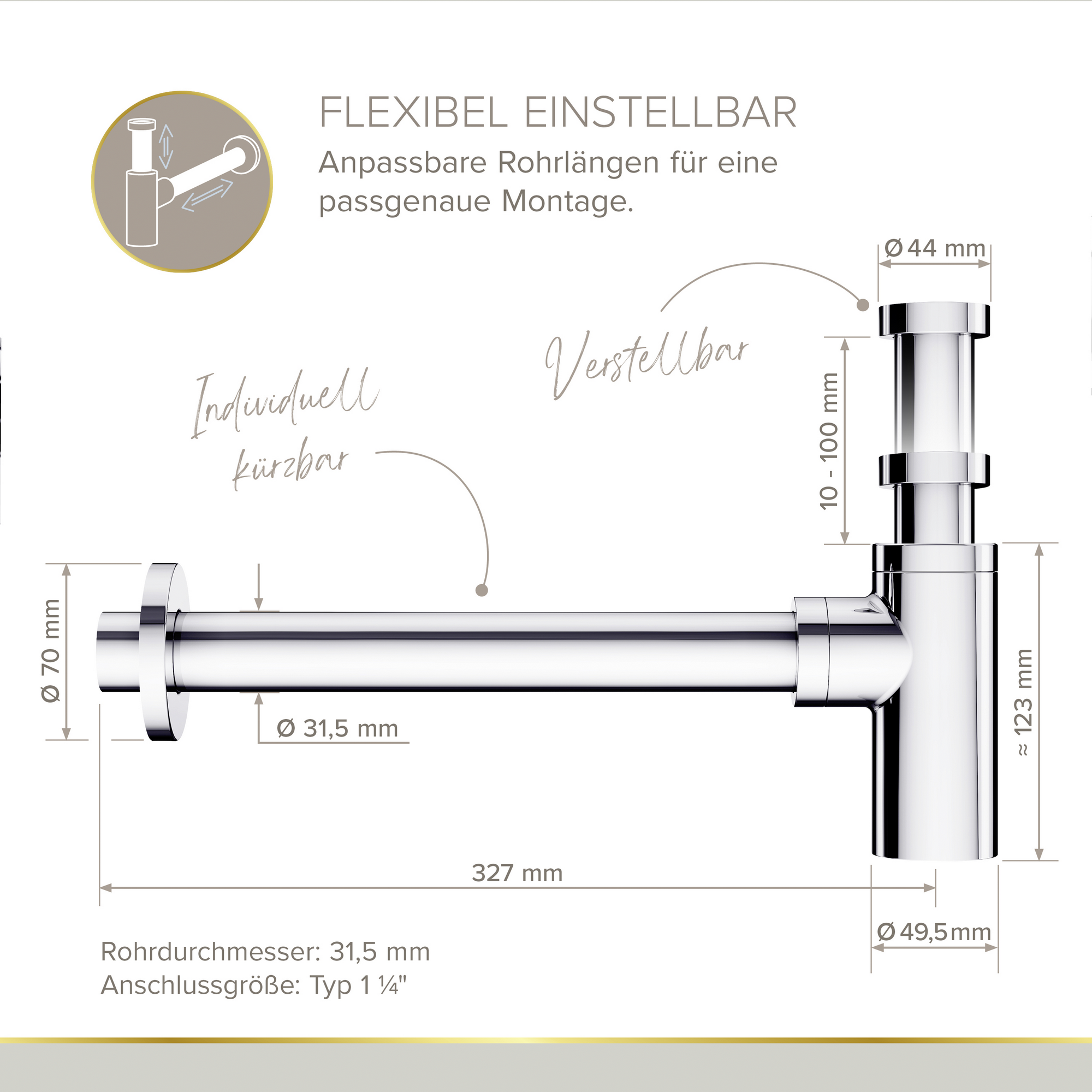 Flaschensiphon 'Juri' verchromt, 1 1/4" x Ø 32 mm
