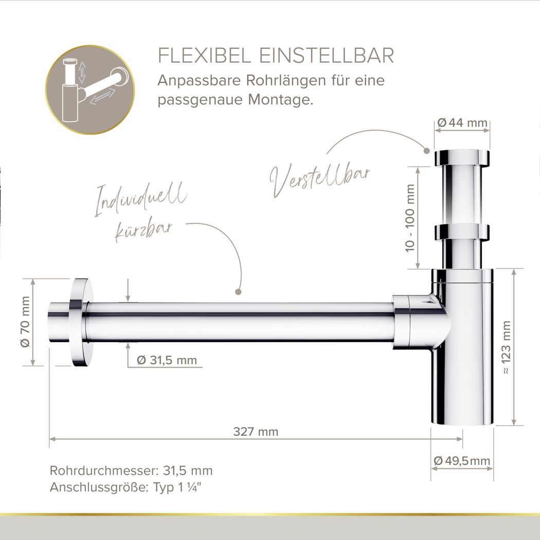 Flaschensiphon 'Juri' verchromt, 1 1/4" x Ø 32 mm