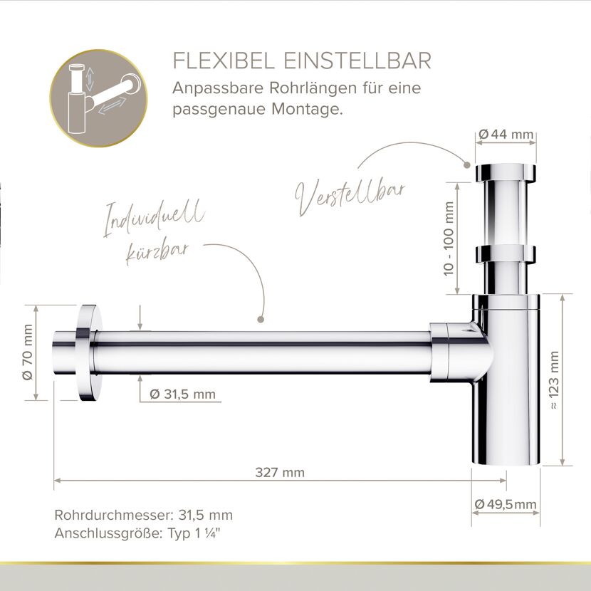 Flaschensiphon 'Juri' verchromt, 1 1/4" x Ø 32 mm