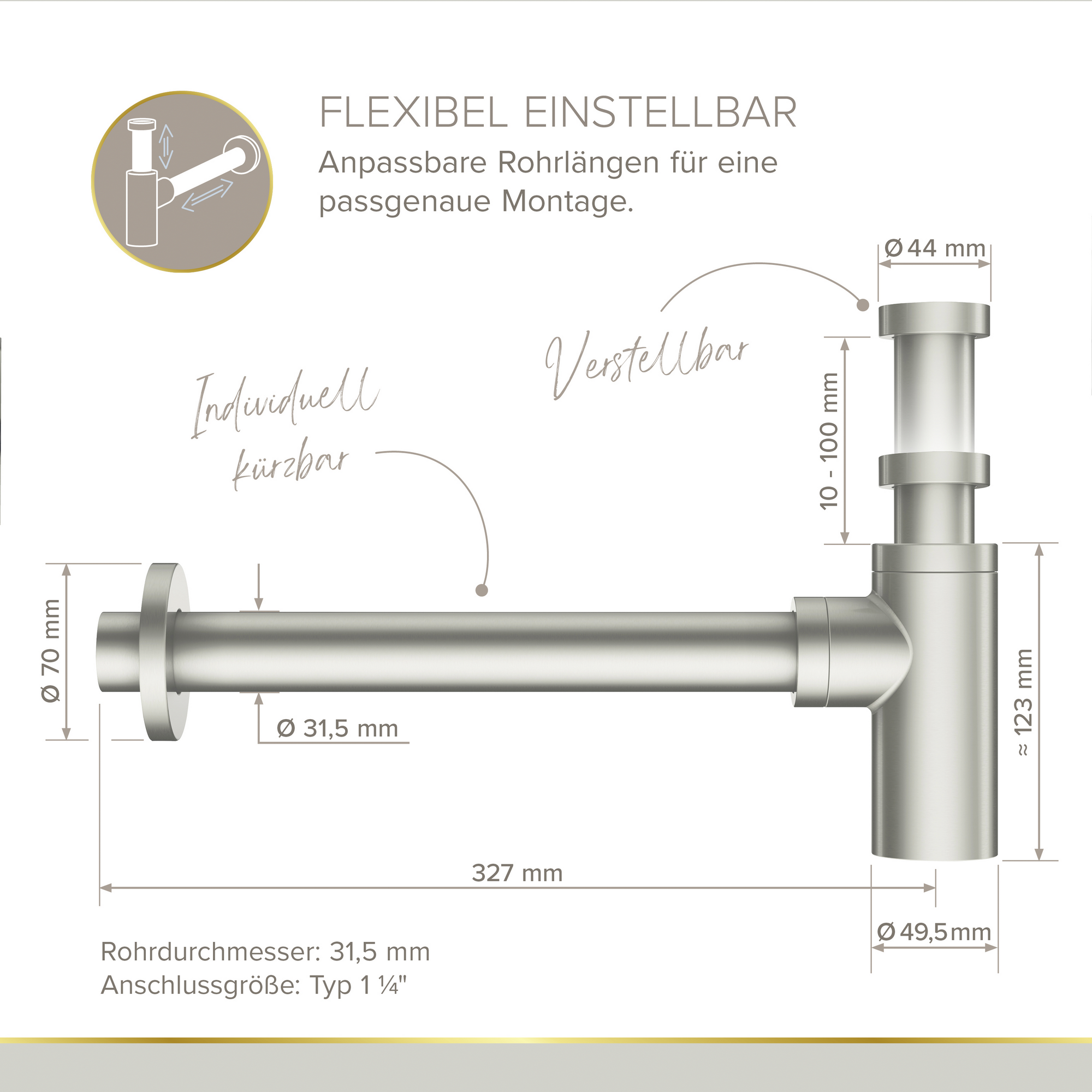 Flaschensiphon 'Juri' edelstahlfarben, 1 1/4" x Ø 32 mm