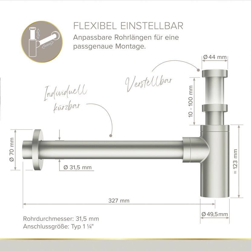 Flaschensiphon 'Juri' edelstahlfarben, 1 1/4" x Ø 32 mm