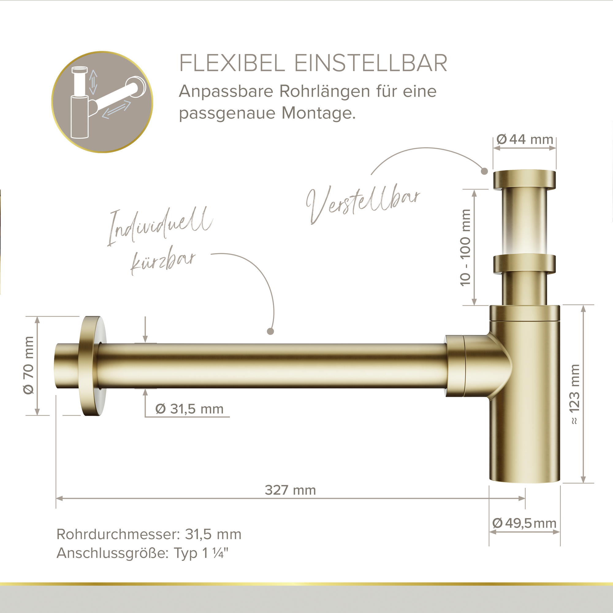 Flaschensiphon 'Juri' gold, 1 1/4" x Ø 32 mm