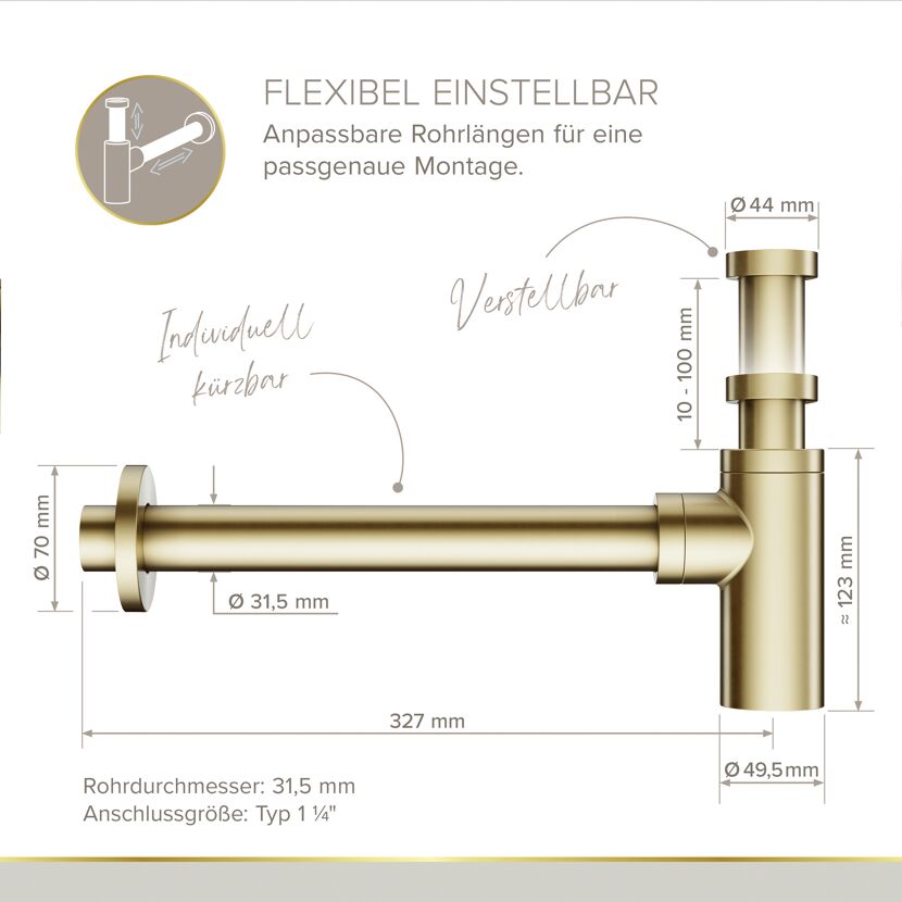 Flaschensiphon 'Juri' gold, 1 1/4" x Ø 32 mm