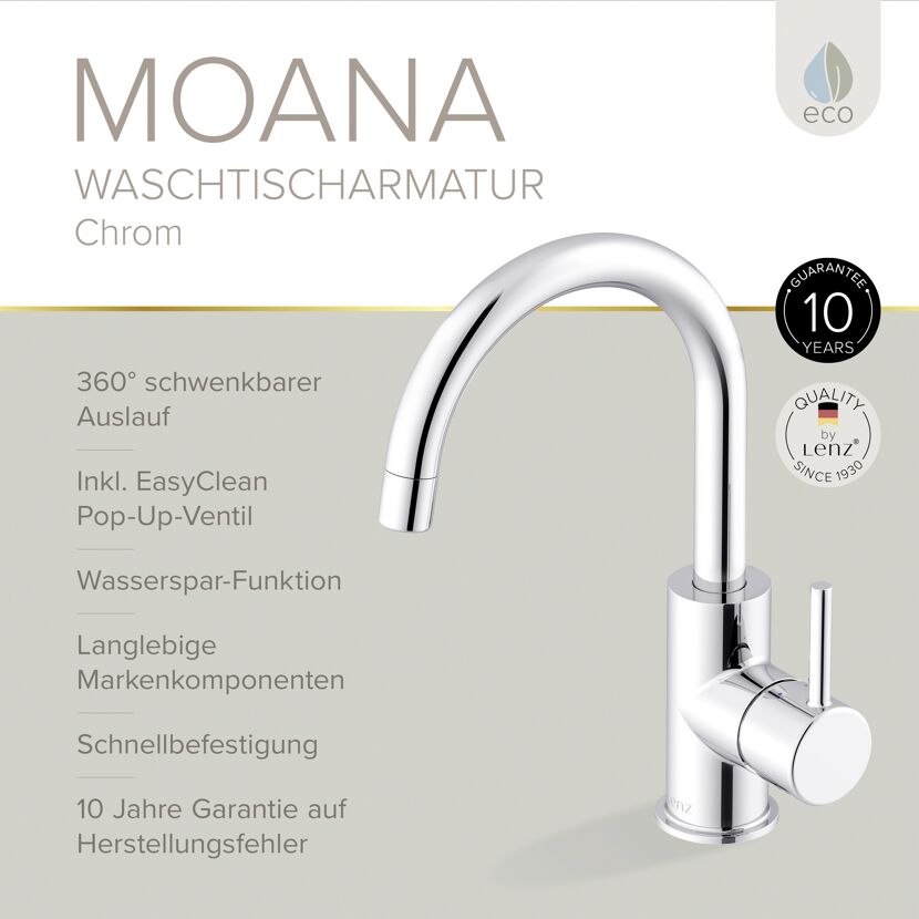 Waschtischarmatur 'Moana' chromfarben schwenkbar 24 cm