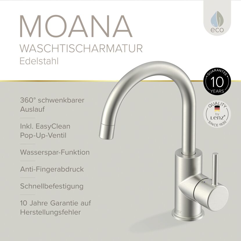 Waschtischarmatur 'Moana' Edelstahloptik schwenkbar 24 cm