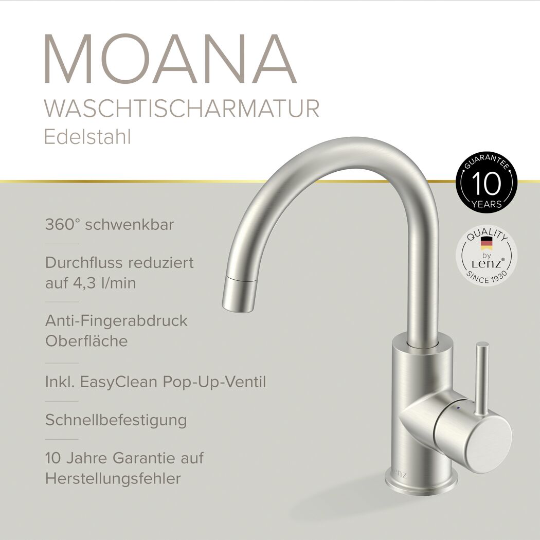 Waschtischarmatur 'Moana' edelstahlfarben schwenkbar 24 cm