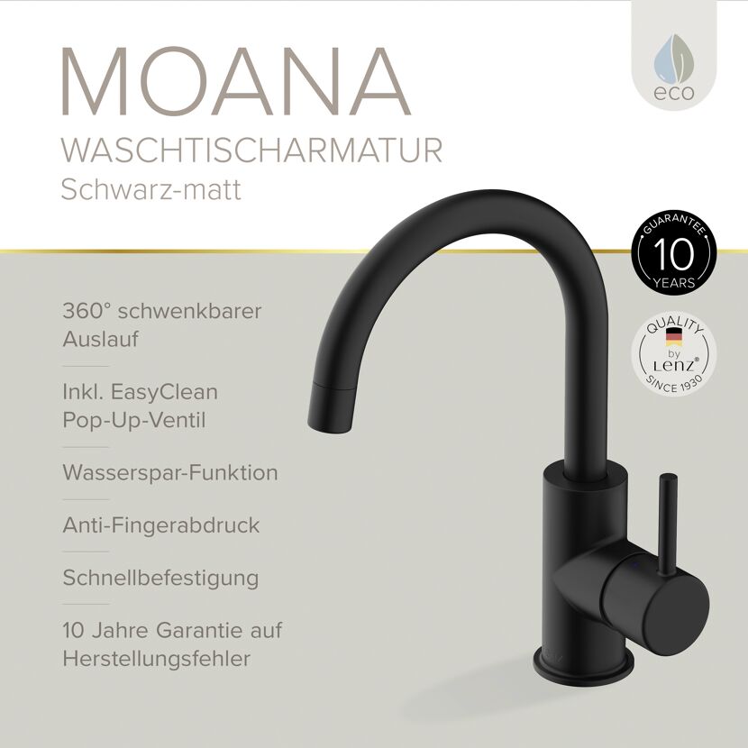 Waschtischarmatur 'Moana' matt schwarz schwenkbar 24 cm