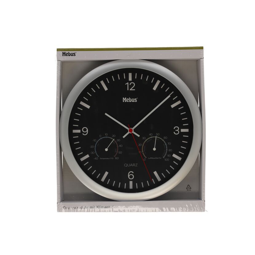 Quarz-Wanduhr schwarz mit Klimastation Ø 25 cm