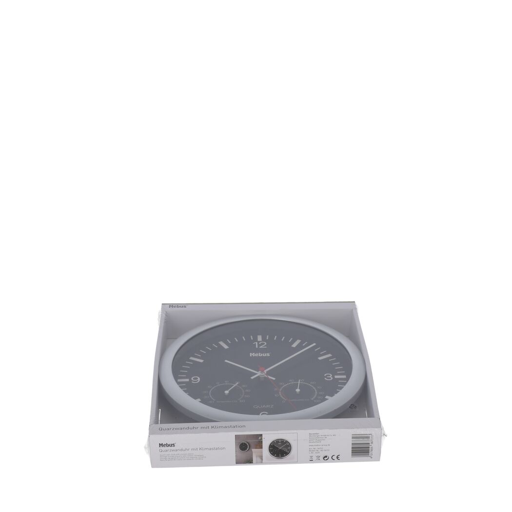 Schwarze Mebus Quarz-Wanduhr mit Klimastation in Verpackung.